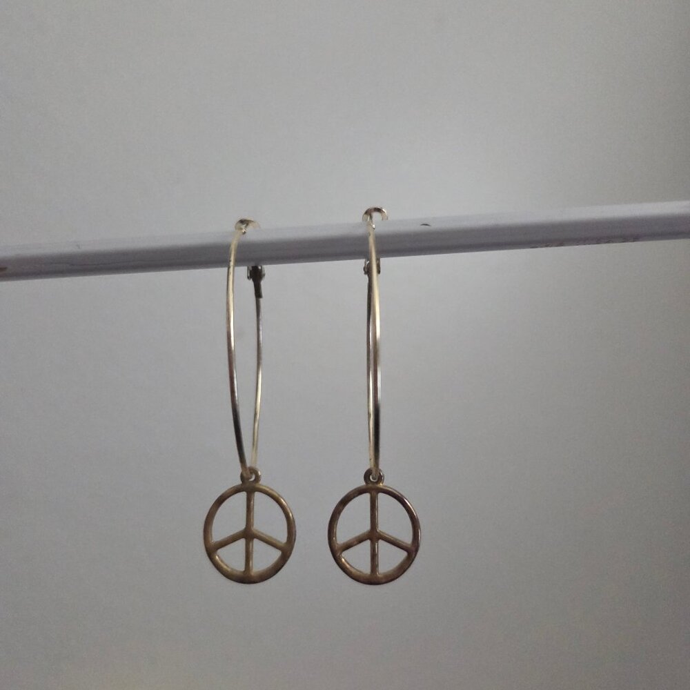 Gold Tone Peace Sign Hoop Earrings 2” Boho Dillard’s